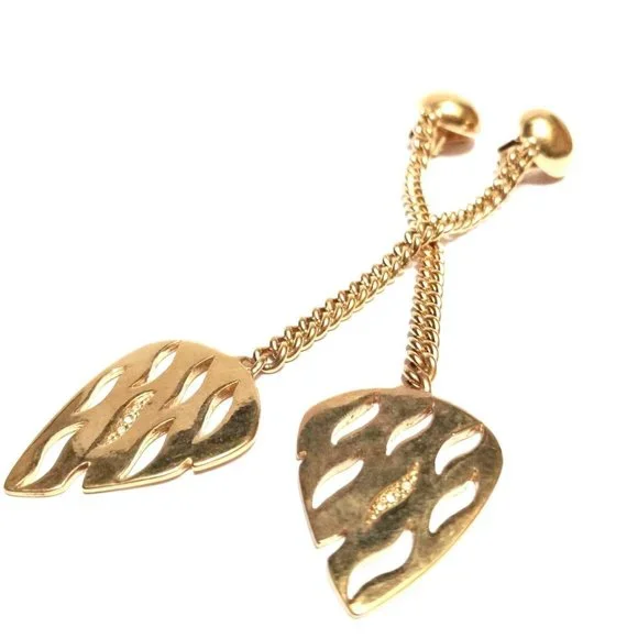 Golden vintage Earrings, 1990s retro Clip On Drop, Leaf shaped with Rhinestone, - Picture 1 of 9